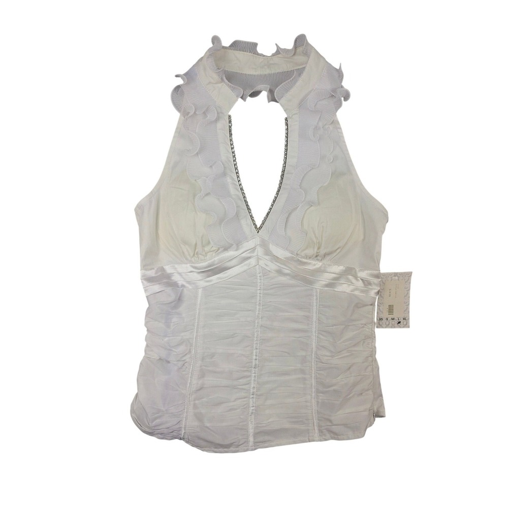 NWT Oh Yes Ruffle Trim Top Women Large Rhinestone Halter Y2K Coquette Fairycore